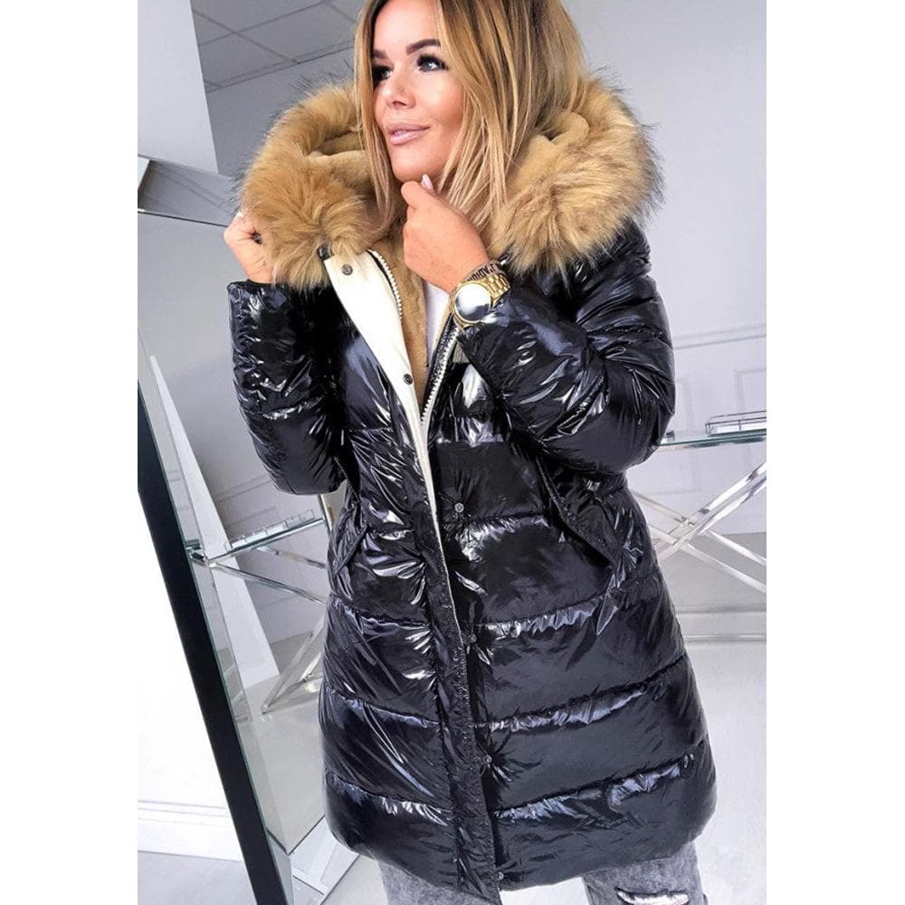 Winter Casual Fashion Warm Women's Clothing Solid Color Glossy Zipper Sweater Collar Cotton-padded Coat XXL