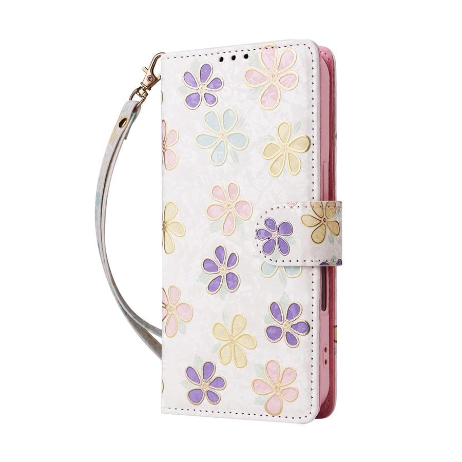 RFID Blocking Anti Theft Brush Embossed Floral Wallet Case with Card Slots for iPhone 16 15 14 13 12 Samsung Galaxy S25 S24 S23 A15 A14 A56 A55 Samsung S8 Plus multicolour