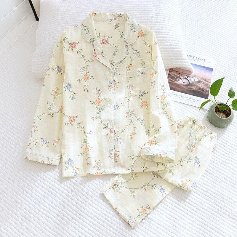 2026 Kimono Femme Maple Leaf Pajama Sets Women 100% Gauze Cotton Long Sleeve Casual Sleepwear Women Pajamas XL