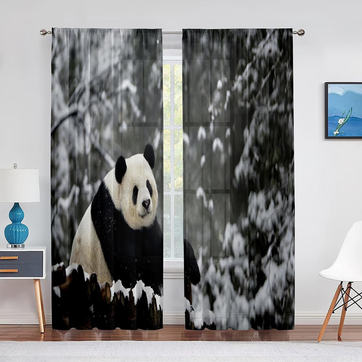 Two Baby Pandas Playing on The Grass Tulle Voile Curtains Hotel Home Decor Sheer Curtains for Living Room Bedroom Chiffon Drapes 1 PCS W100XH250cm&Grommet Top