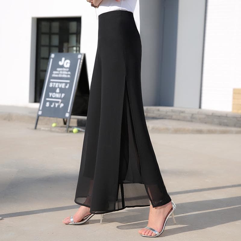 Women Ladies Vintage Loose High Waist Long Trousers Chiffon Side Split Casual Palazzo Pants Wide Leg Pants pantalones XL black
