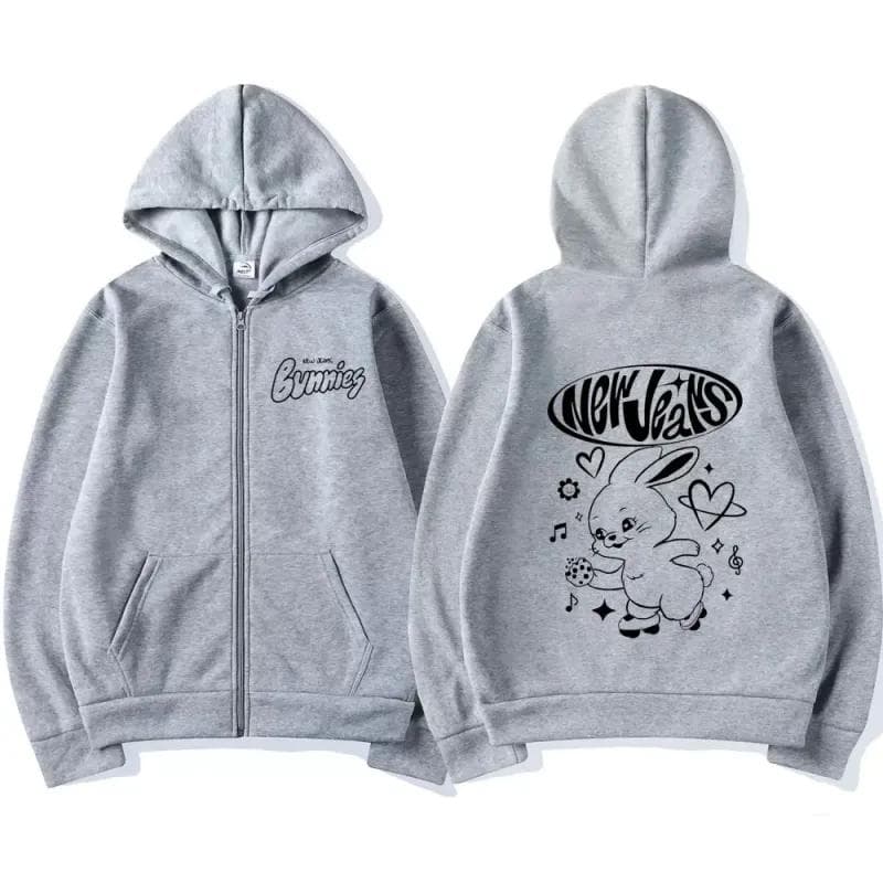 Korean NewJeans Bunny Kawaii Graphic Zip Up Hoodies Fashion Kpop Style Cute Hoodie Men Women's Casual Jackets Zipper Sweatshirts L