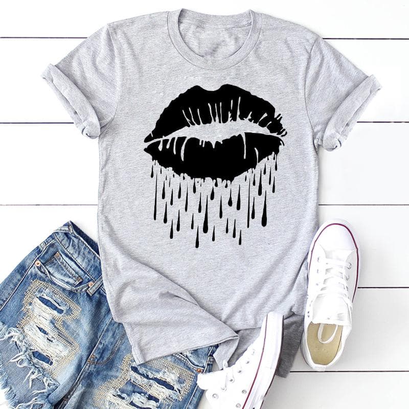 (Asian size) Short Sleeve Lip Love Sexy Trend Cute Lovely Women's Print Tee Top Summer Fashion Tshirt Woman Female Basic T Clothing Graphic T-shirts L