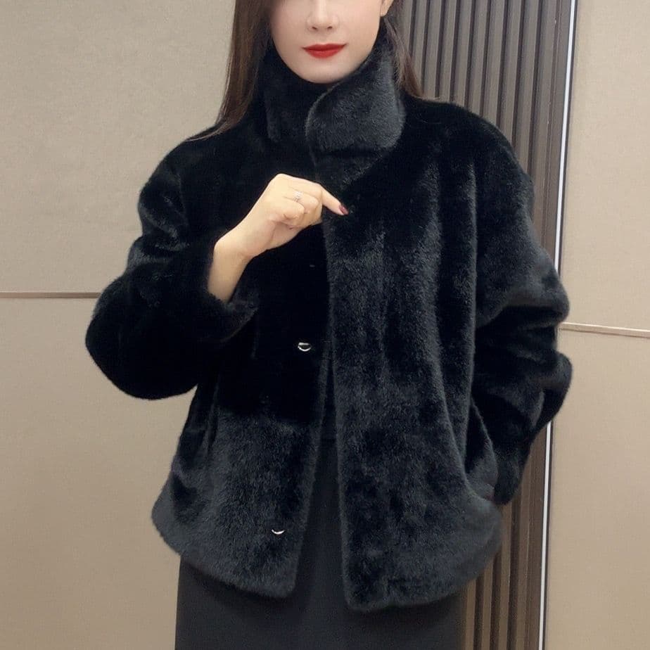 Short Fashion Stand Up Collar Leopard Print Fur Coat for Women In Winter Warm and Loose M (95-60 kg) black