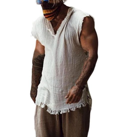 Men Tank Top Solid Color Male Garment Special Breathable V Neck Summer Vest Trendy Loose Type Ripped Edge XL white