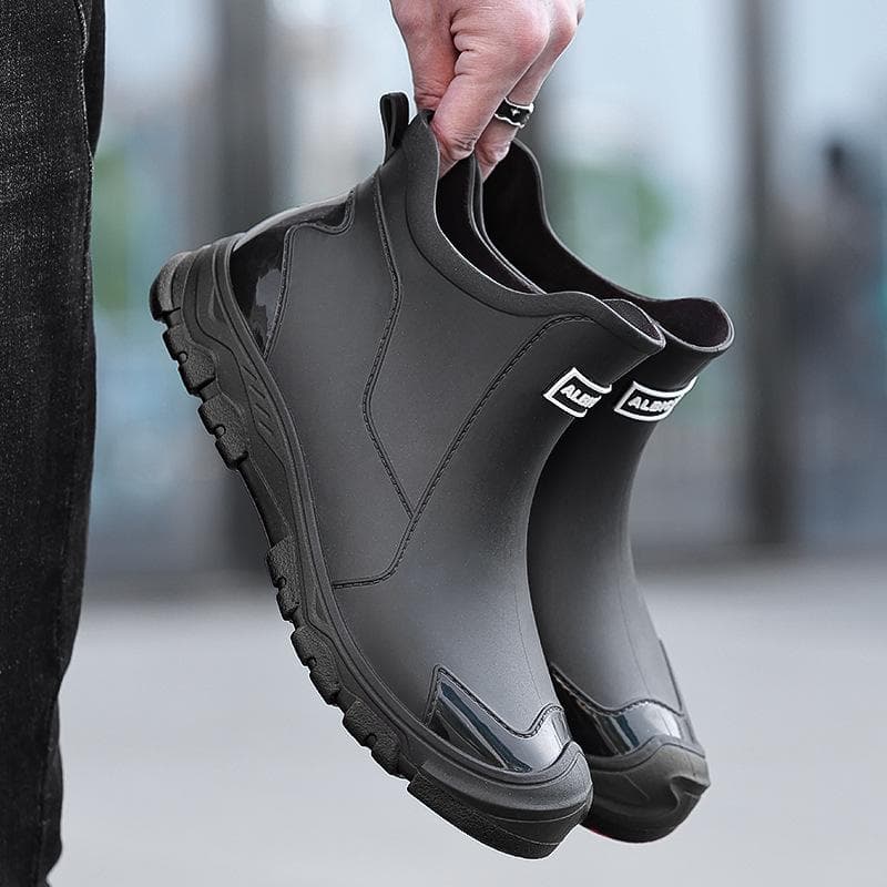 Men's Urban Black Waterproof Short Rain Boots - Non-Slip Khaki Rubber Wading Shoes 37
