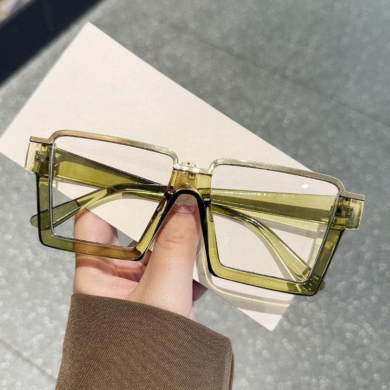 Oversized Square Glasses Women Stylish Metal Rim Eyewear Trendy Vintage Design Blue Light Blocking