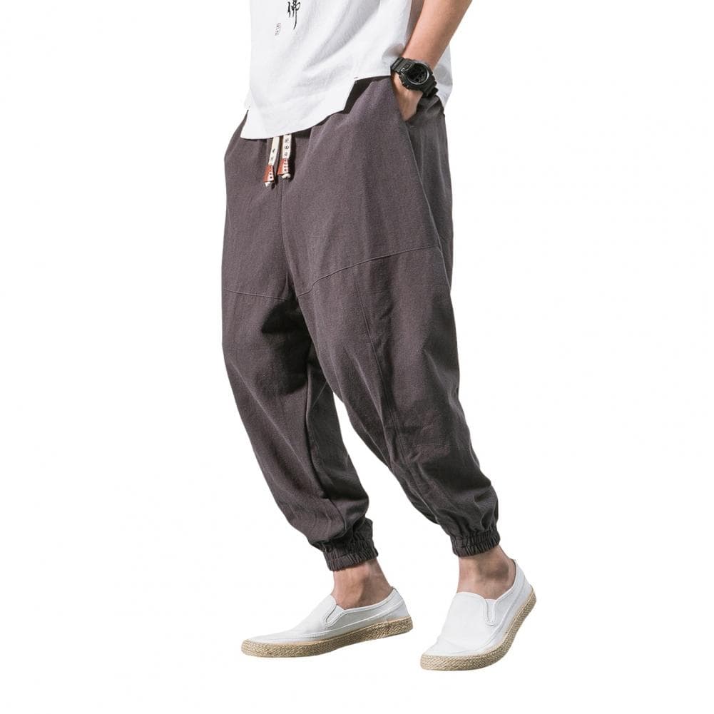 Summer Men Harem Pants Loose Ankle Length Pockets Pure Color Plus Size Japanese Style Deep Crotch Casual Daily Wear Long Trouser L grey