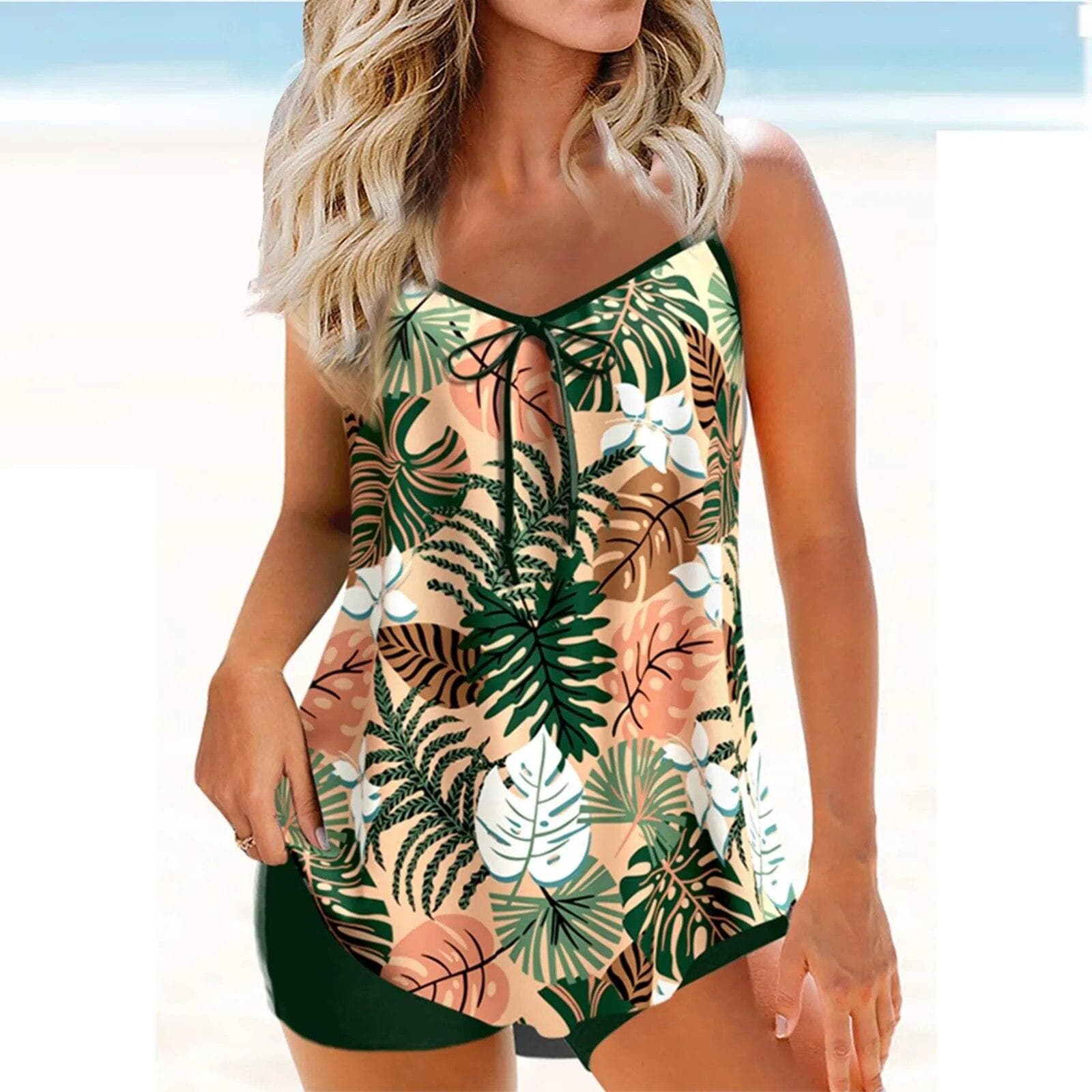 Women Tropical Print Tankini Sets High Waist Bikini With Shorts Two Pieces Swimsuit Trunks Swimwear Bathing Suit Beachwear XL green