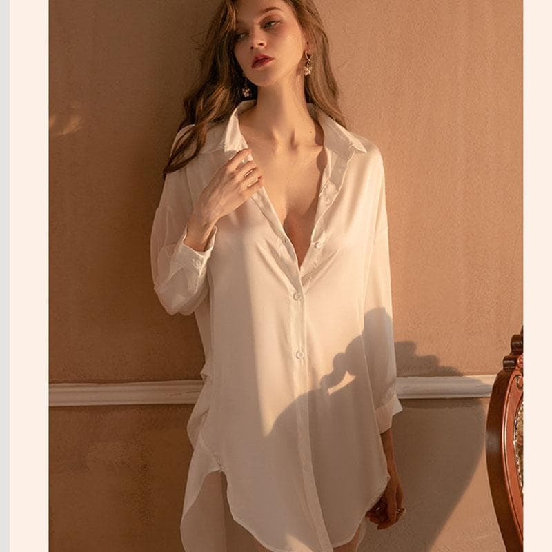 Sexy Pure Pajamas Shirt Nightskirt Loose Ice Snow Household Clothes Can Wear Solid Color Perspective Nightgown L