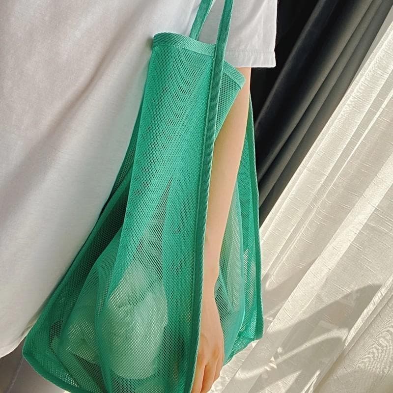 1Pc Transparent Mesh Shoulder Bag Is Fashionable Lightweight Travel Large Capacity Shopping Bag One Size green