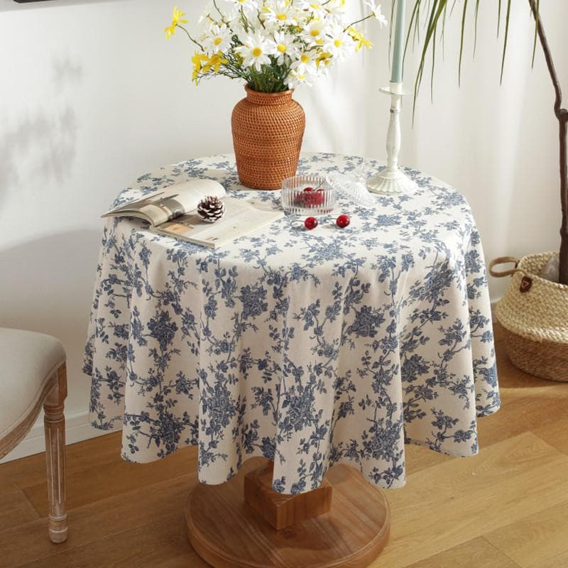 Small Round Tablecloth Ins Wind Cotton Linen Blue Printed Tablecloth Retro Blue Flower Tea Table Cover Cloth Diameter 60cm