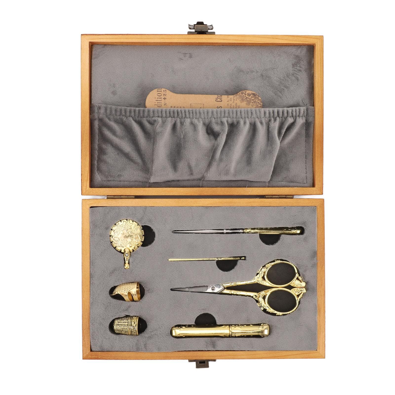 1 Set 30Pcs Vintage Sewing Box Wooden Multifunctional Sewing Kit with Shear Thread Cutter Thimble
