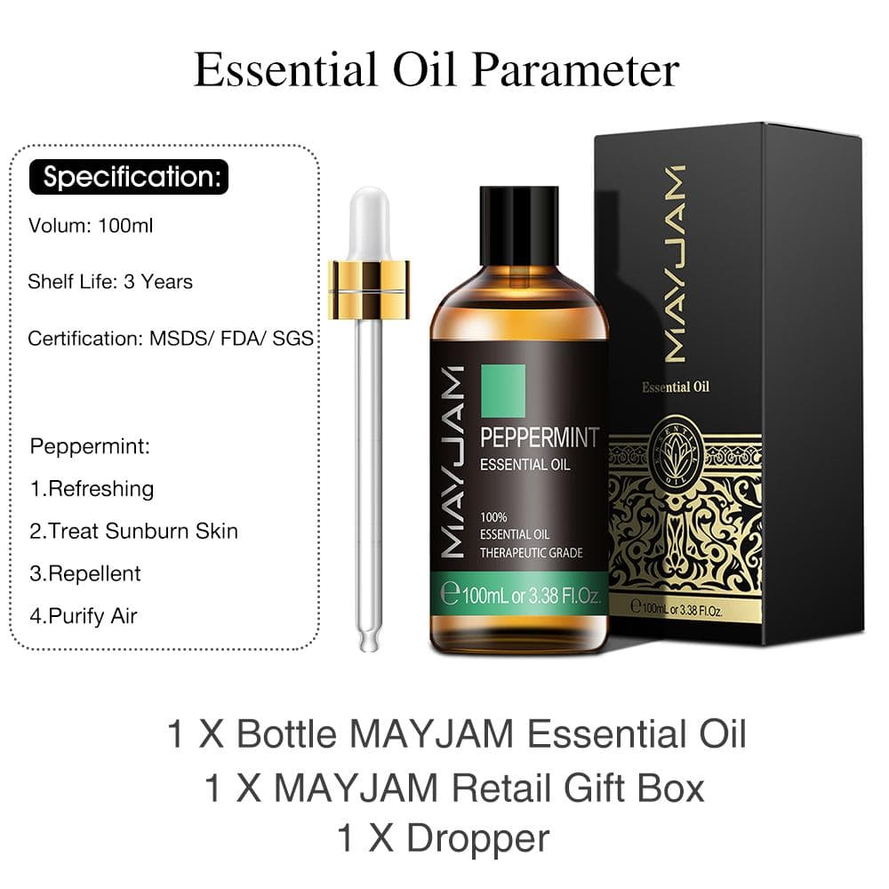 MAYJAM 100ML Vanilla Lavender Eucalyptus Pure Plant Extract Essential Oil for Air Fresh Diffuser Sterilization Boost Immunity Spa Massage Oil Peppermint