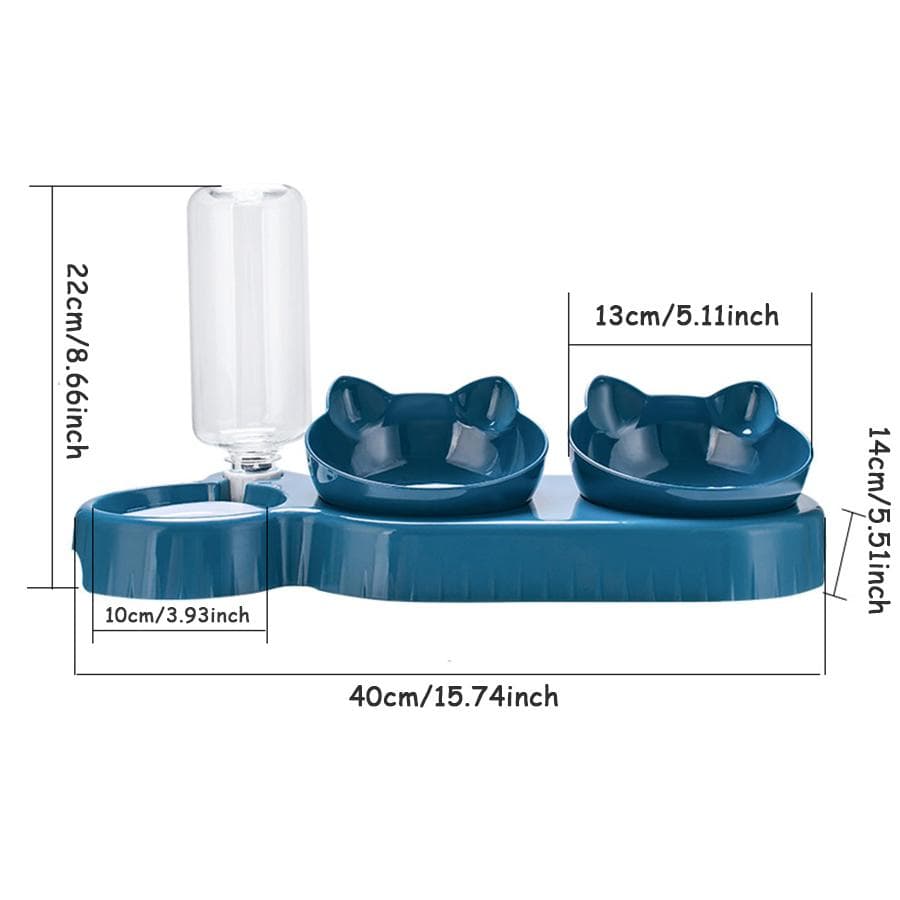 Triple Cat Bowls Pet Feeder 2-in-1 Double Bowls with Automatic Drinking Bottle Tilted and Rotatable Design for Cats and Dogs M dark blue