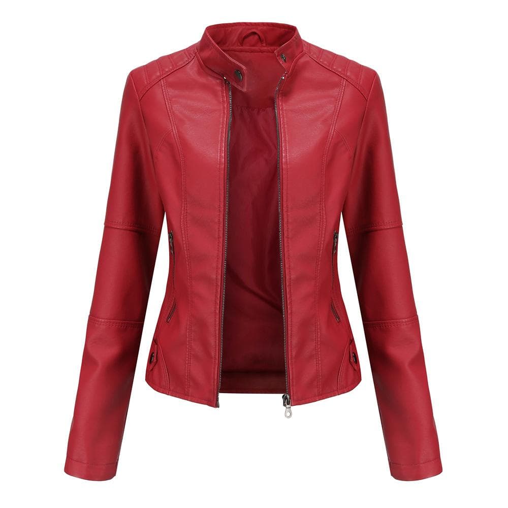 Women's Leather Jacket Women's Slim Jacket Thin Spring and Autumn Jacket Women's Motorcycle Jacket Large Size Stand Collar Leather Jacket M