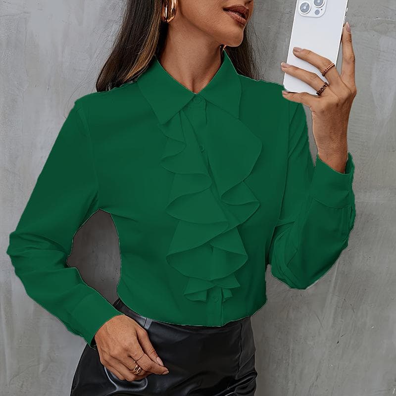 YYFS Women's Fashion Casual Spring Autumn Solid Color Print Long Sleeve POLO Neck Blouses & Shirts L green
