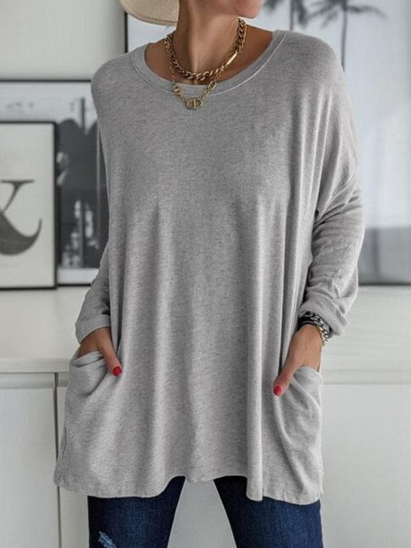Women's Casual Spring and Summer Pocket Tunic Top O-neck Shirt Long Sleeve Shirt Fashion Large Size Loose Solid Color T-Shirt XL gray