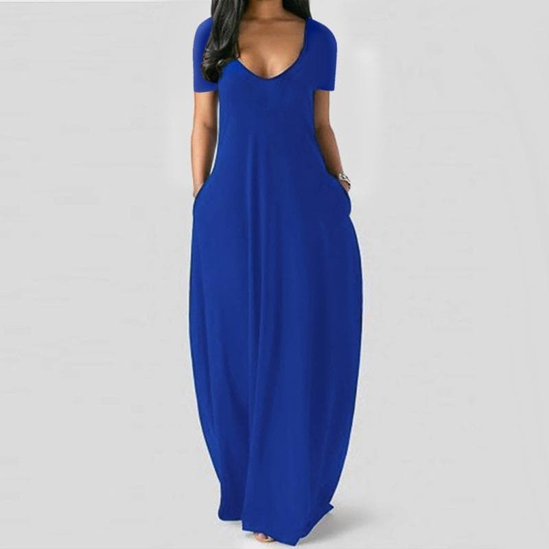 Solid Simple Dress, Casual Short Sleeve Maxi Dress With Pockets, Women's Clothing L blue
