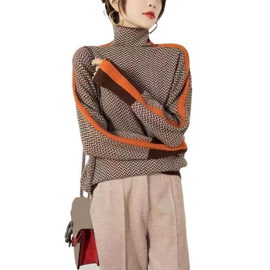 Women Contrast Color Sweater High Splicing Design Collar Long Sleeve Knitting Tops Thick Warm Pullover Tops M orange