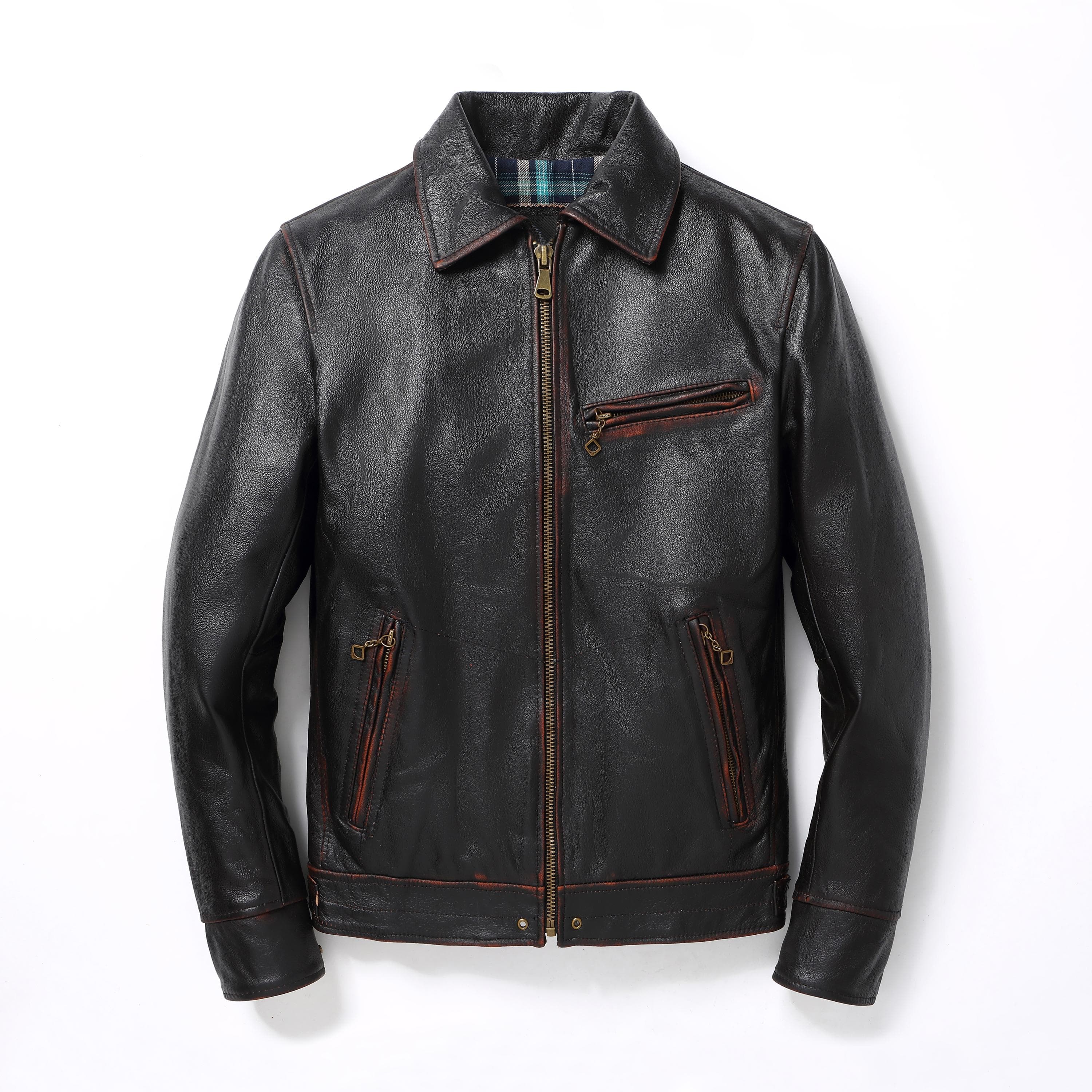 New Mulholland Road Hand -Rubbed Retro Plaid Lining Men 'S Head Layer Cowhide Leather Jacket Slim -Fit Short Motorcycle Jacket XXXXL black