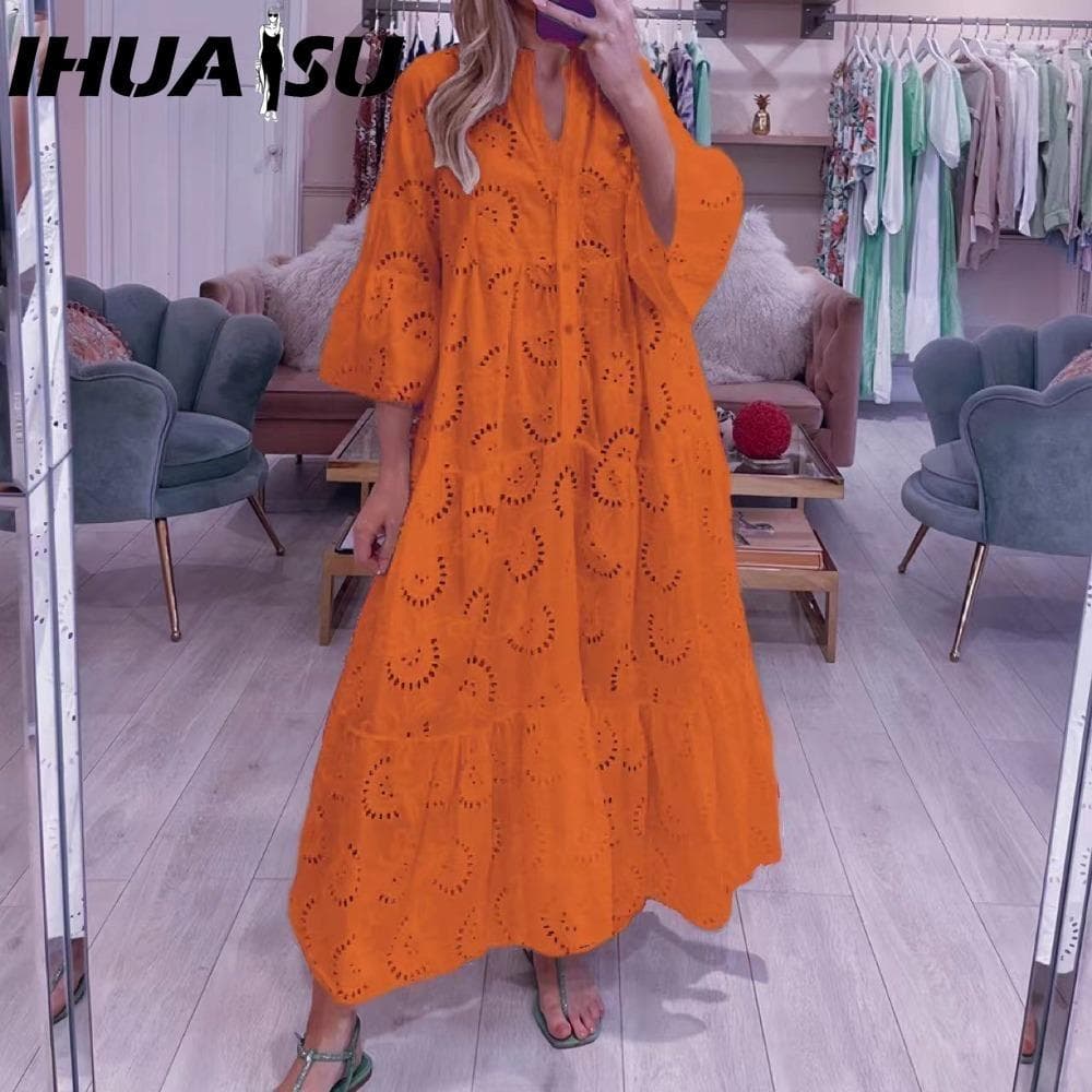 IHUASU 8 Colors S-5XL Women's Fashion Summer Spring Solid Color Print 3/4 Sleeve V-Neck Casual Dresses S orange