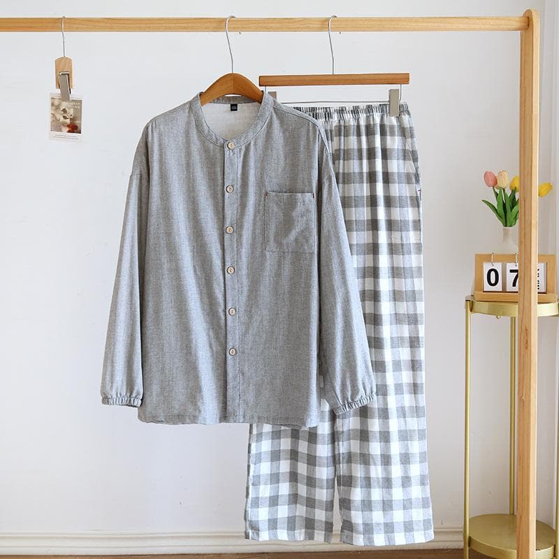 New Japanese Spring and Autumn Men's Pajama Set 100%Cotton Plaid Long Sleeve Pants Home Suit Two Piece Cardigan Set for Men M grey