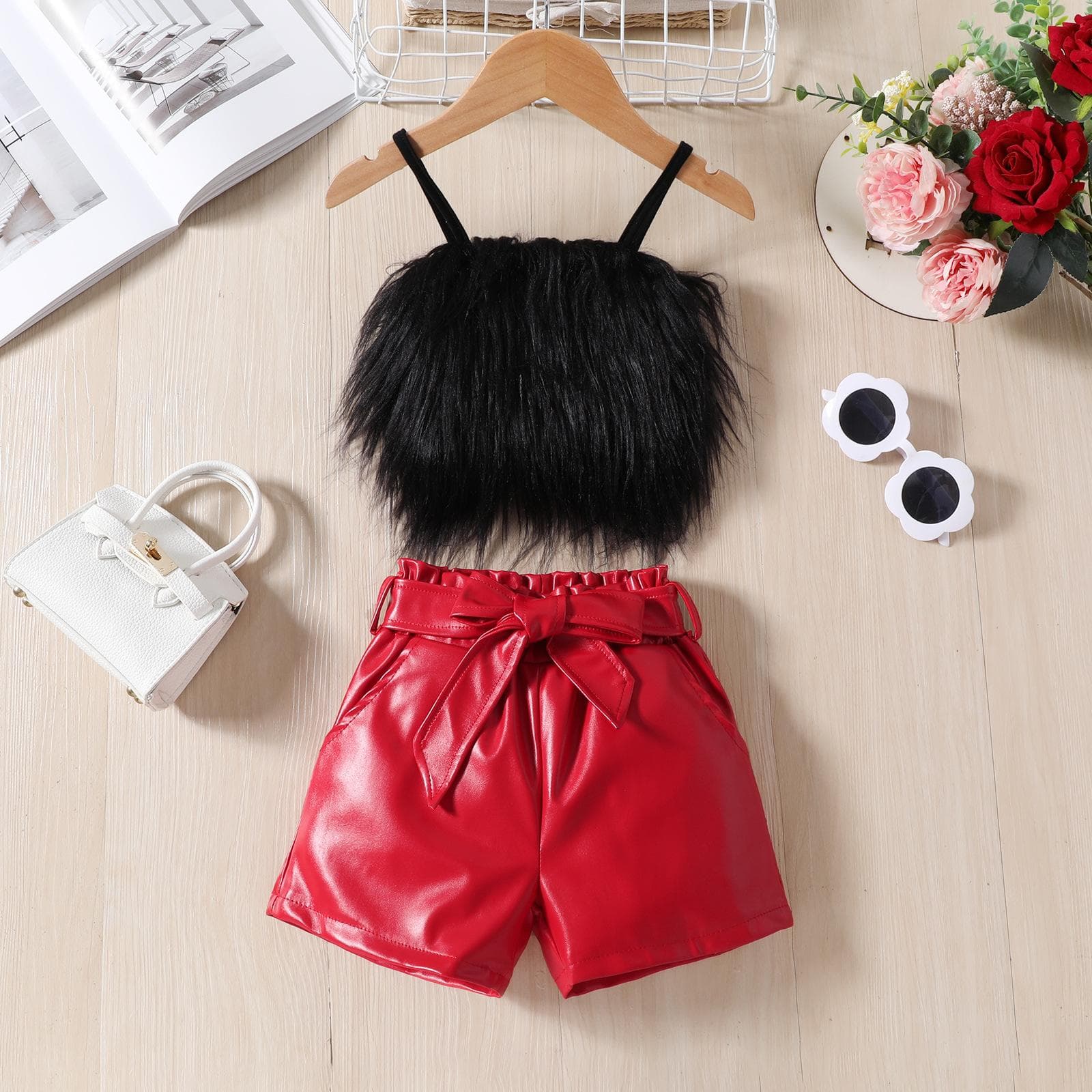 Girls Furry Suspender Top Solid Color + Leather Shorts Suit with Belt Children Clothing Feather Strap Crop Shirt 2pcs Sets 5T black/red