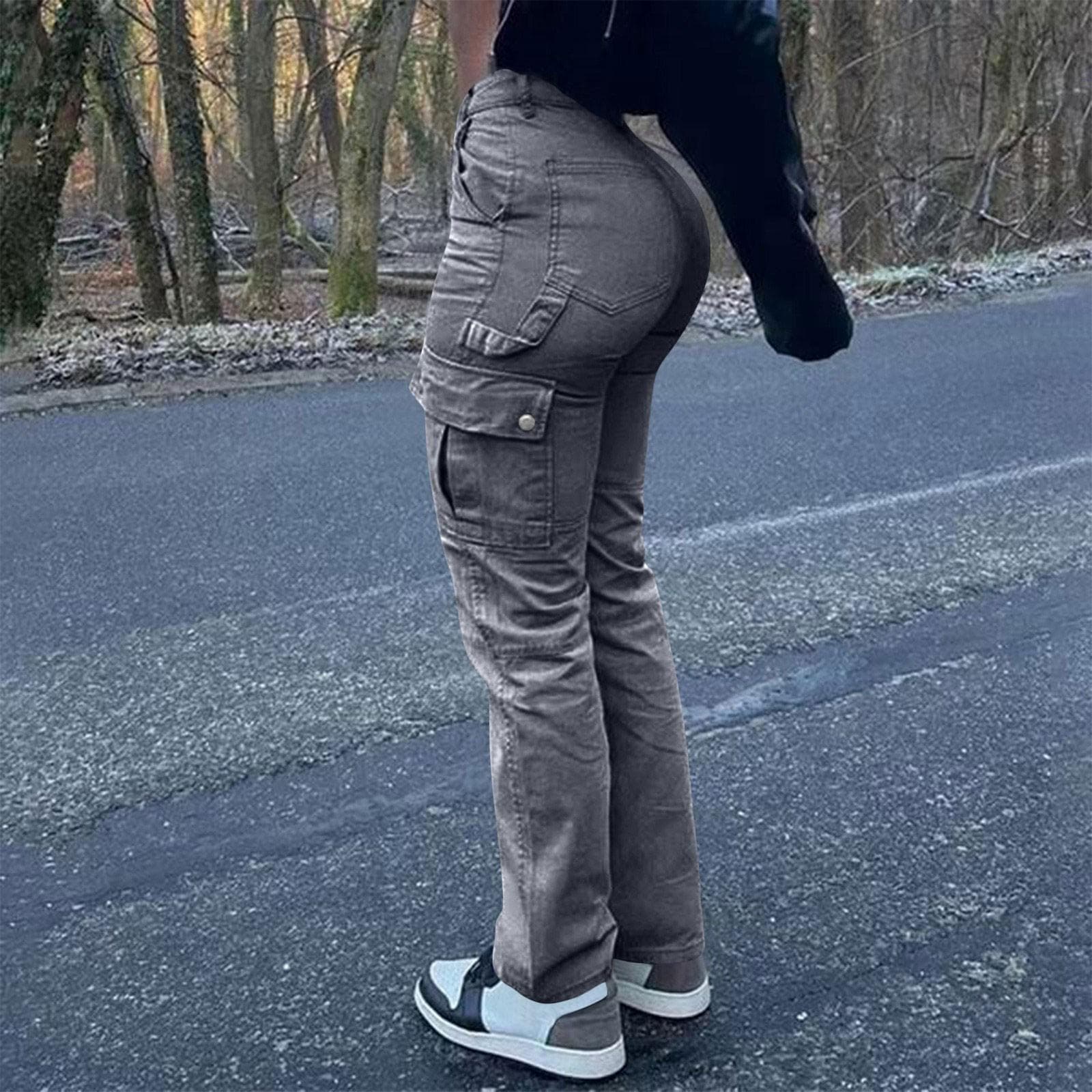 Women's Fashion Solid Color Hip Lifting Pants High Waist Multi Pocket Work Clothes Jeans XXXL