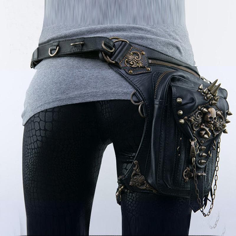 Steampunk Retro Motorcycle Bag, Personalized Rivet One-shoulder Crossbody Bag for Women, Mobile Phone Waist Bag black