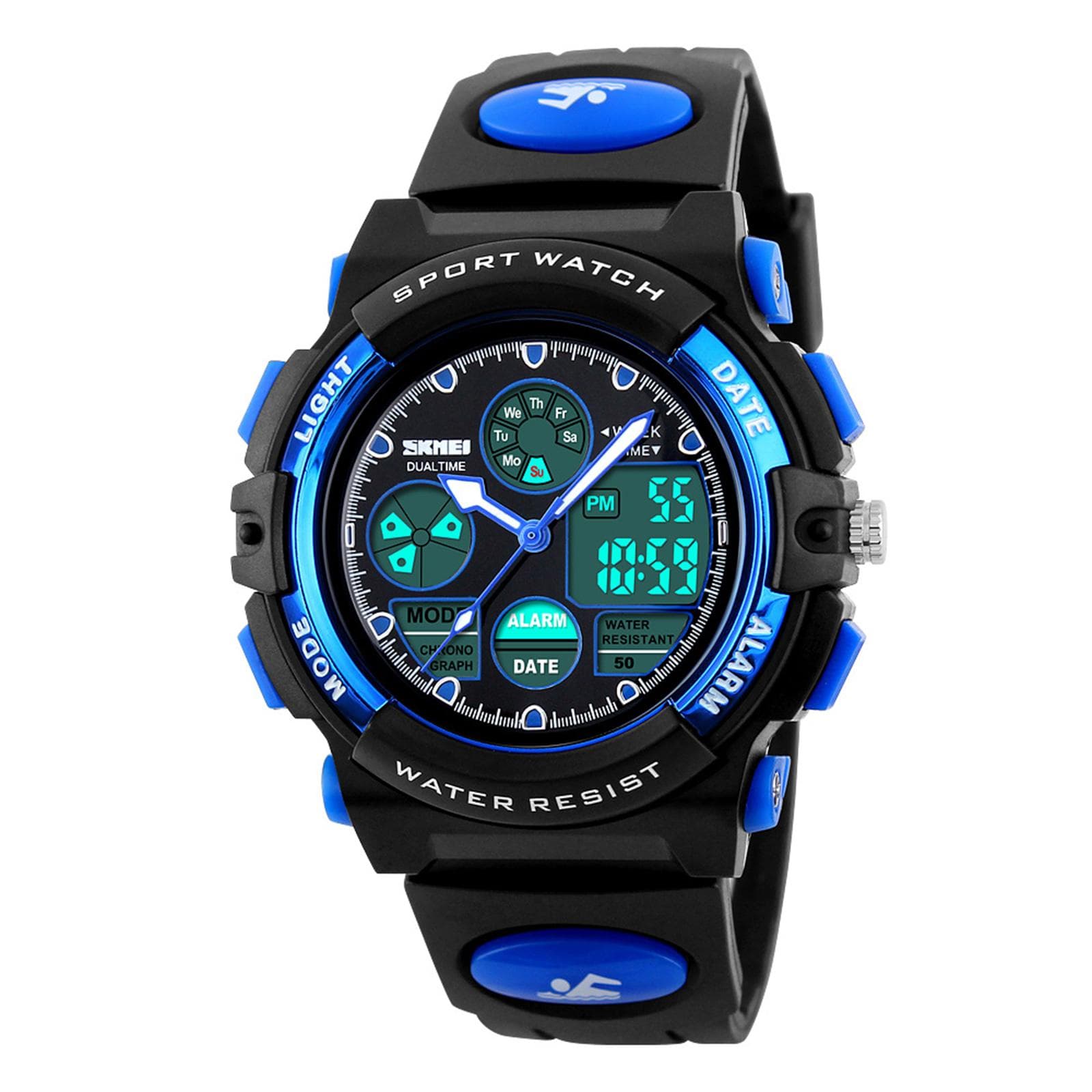 SKMEI High Quality Children Sports Wristwatch Dual Movements 5ATM Water-proof Kids Watch with Alarm blue