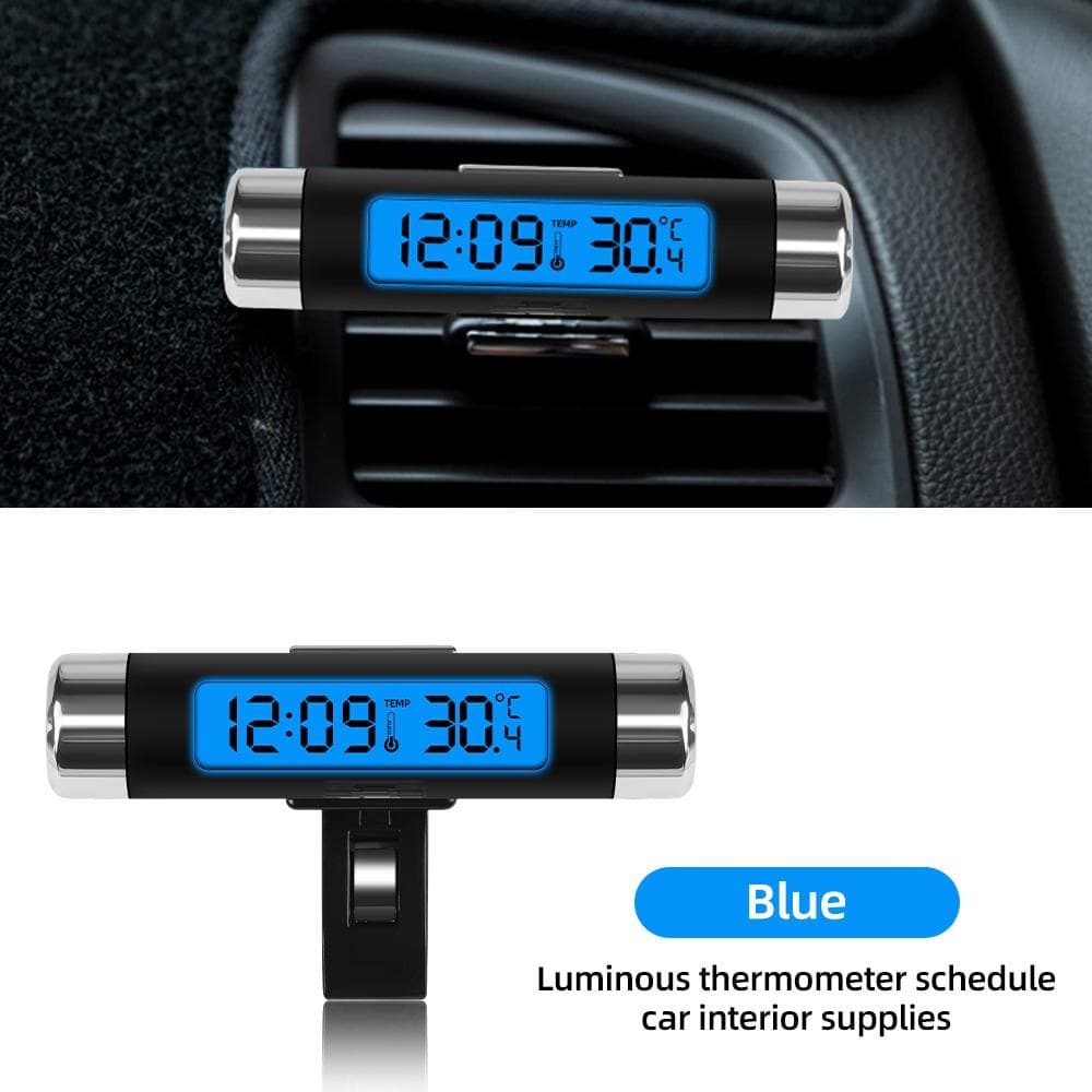 2-in-1 Car Watch Thermometer Air Vent Clip-on Luminous Clock LCD Digital Display Screen With Blue Backlight Interior Accessories blue