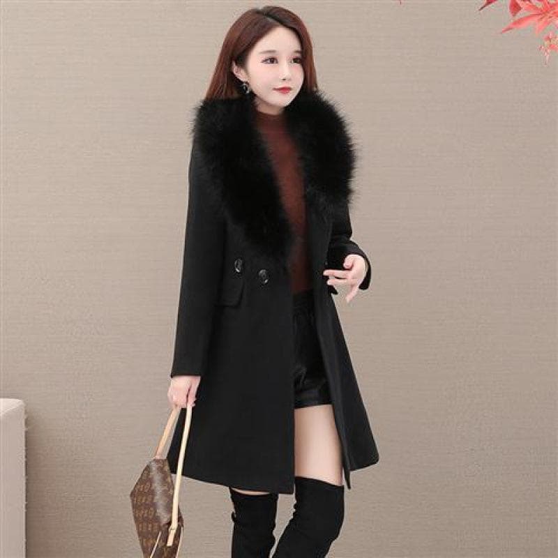 Thick Woolen Women's Coat Autumn and Winter Long Coat with Fur Collar M