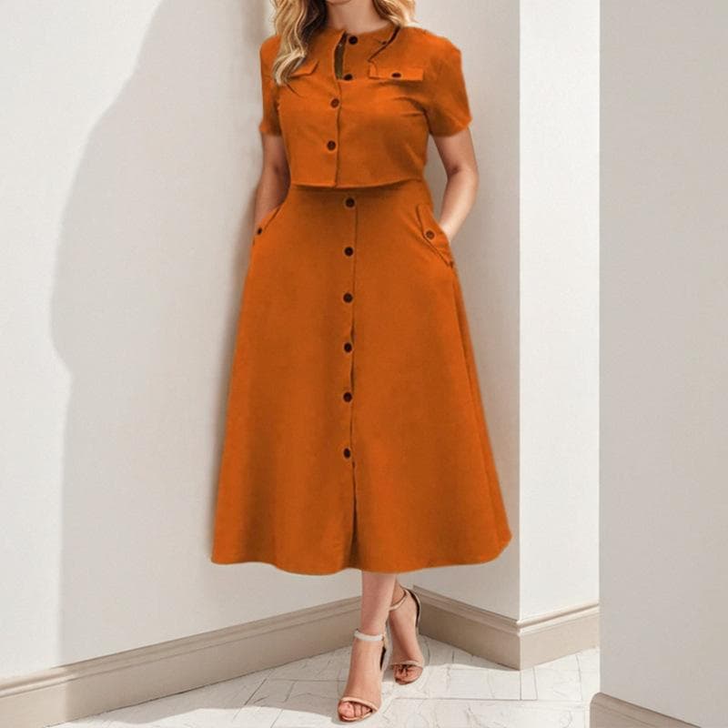 Spring Women's Clothing Elegant Solid Color Casual Short Top Single-breasted Skirt Fashion Suit 3XL brown