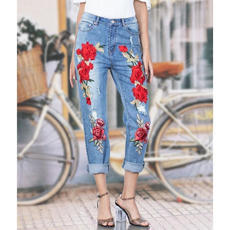 SCIONE Women's Elastic Loose Jeans Women's Trousers Colored Flowers Embroidery Ripped Jeans XL blue