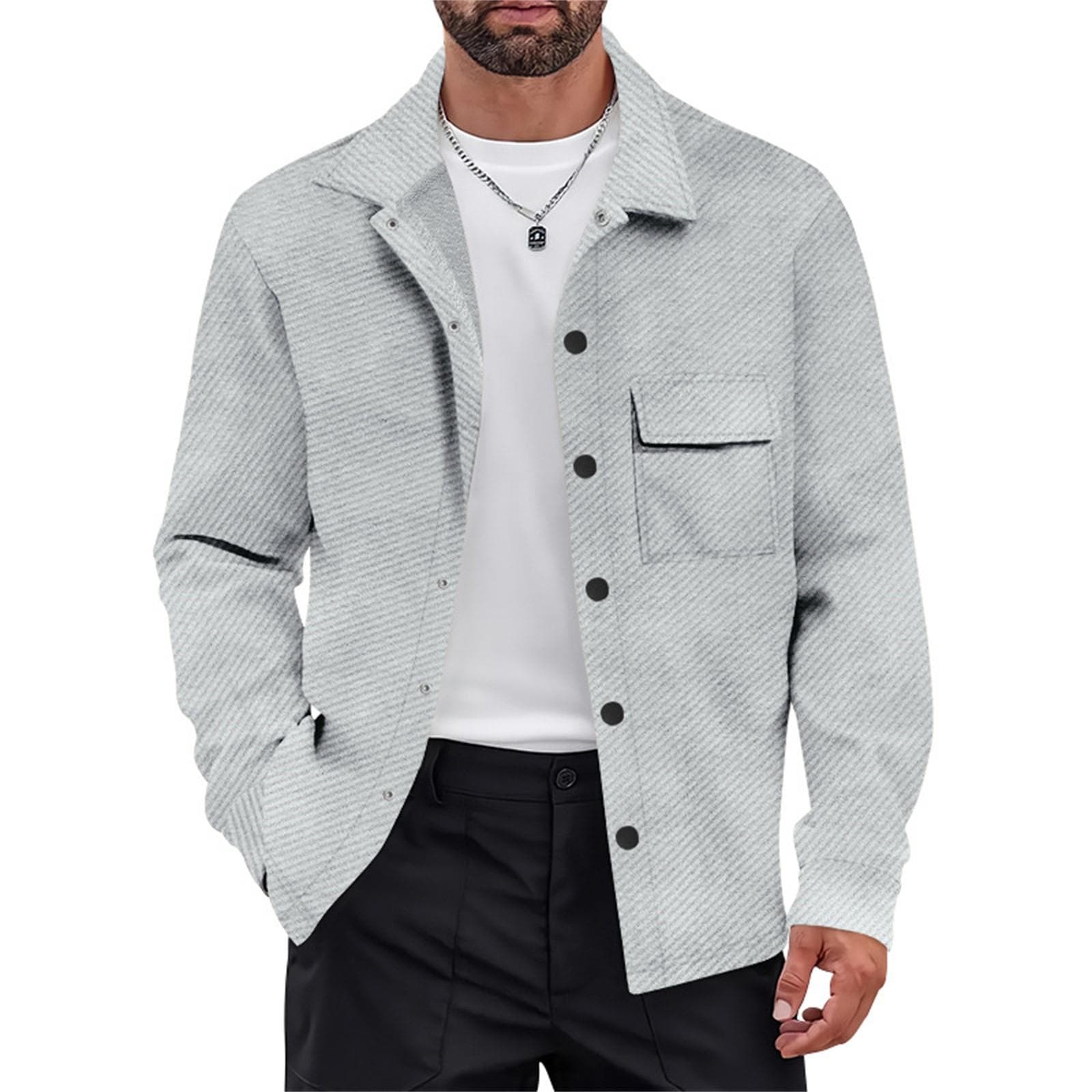 Heavy Men's Casual Vintage Knit Lapel Shirt Jacket For Men's Wear XXL light gray
