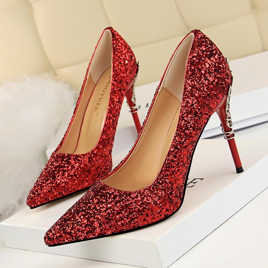 BIGTREE Women's Fashion Sexy Metal Heel Thin Heel High Heel Shallow Mouth Pointed Sequin Shoes 40 red