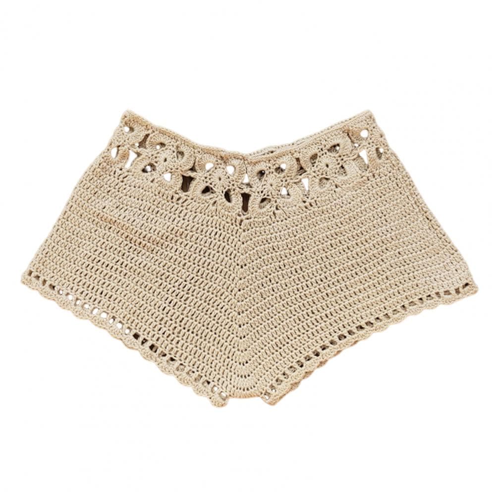 Women Swimming Trunks Sexy Beach Bikini Bottoms Handmade Hollow Crochet Knitted Swimming Shorts Beachwear M beige
