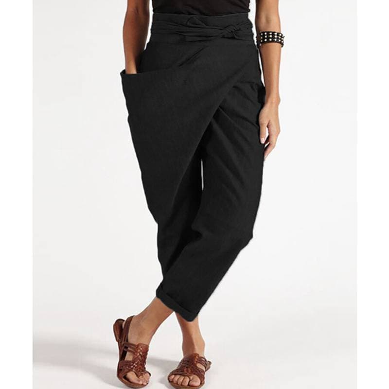 Women Summer Pants Irregular Pockets Streetwear Solid Color High Waist Trendy Straight Wide Leg Cropped Pants for Dating S black