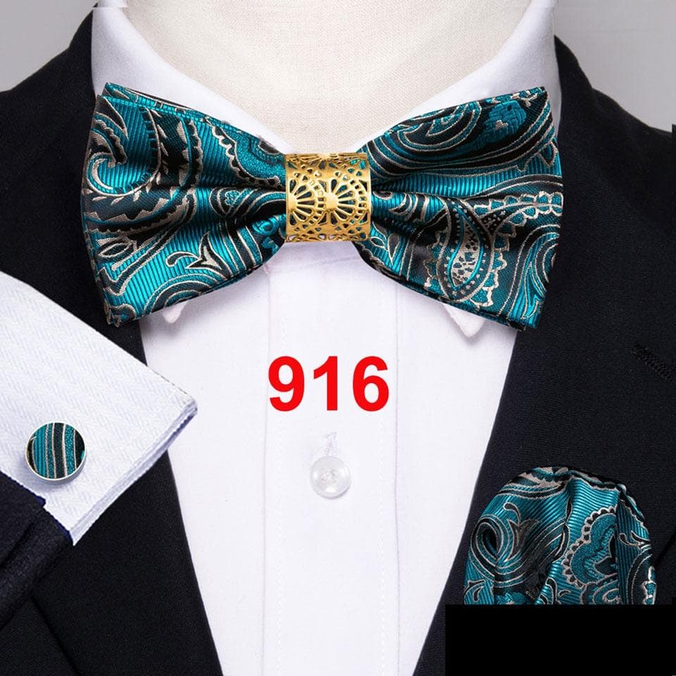 Barry.Wang Bowtie for Men Paisley Plaids Silk Pretied Bowtie Hanky Cufflinks Set LH-0916