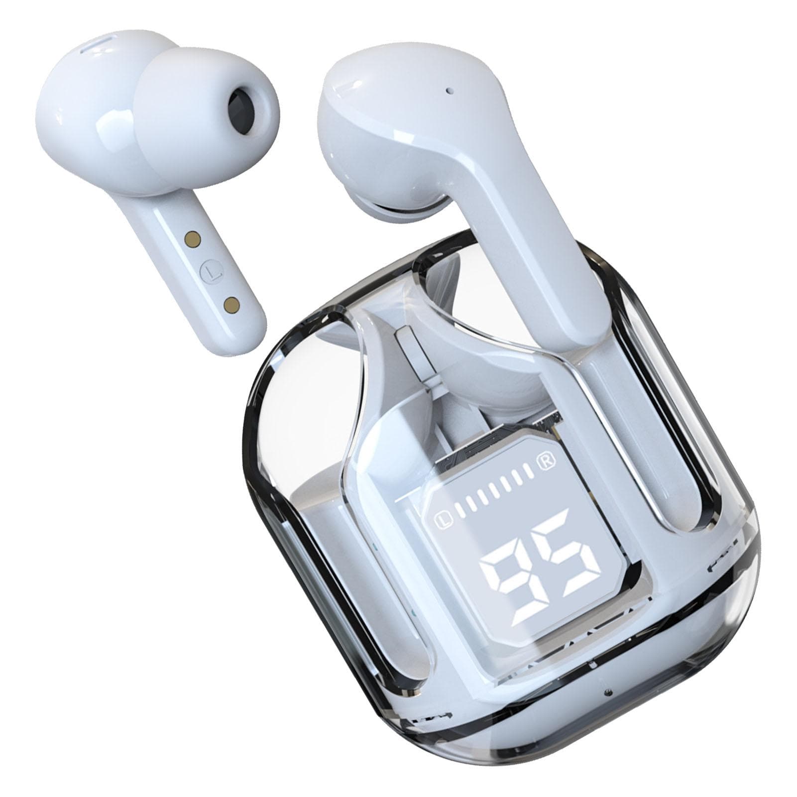 Wireless Earbuds Stylish Transparent Multifunction Noise Cancelling HiFi Stereo Touch Control white