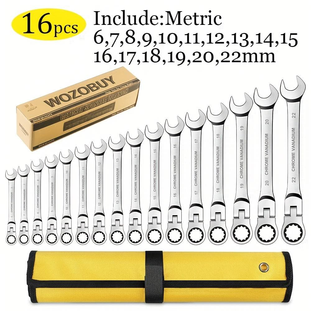 Flex Head Ratcheting Wrench Set, Combination Ended Spanner Kits, Chrome Vanadium Steel Hand Tools Socket Key Ratchet Wrench Set 16pcs