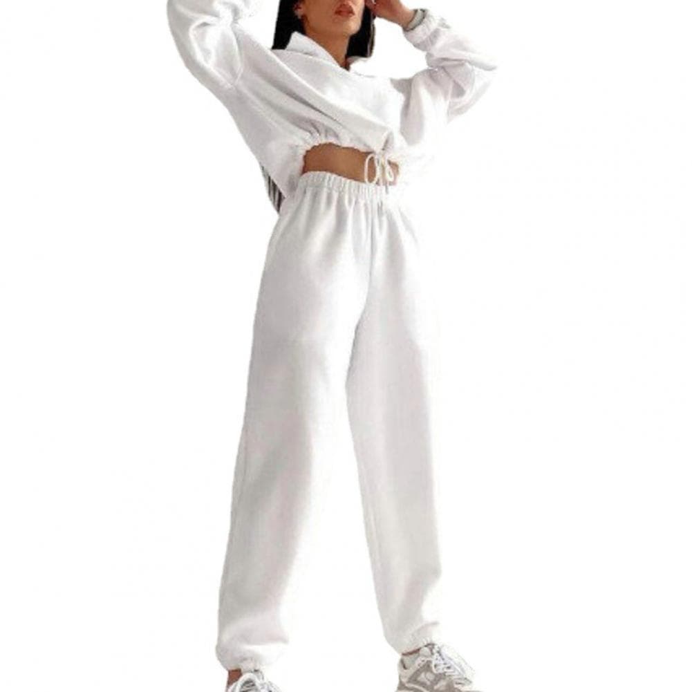 2 Pcs/Set Women Tracksuit Sweatshirt Pants Set Thick Warm Loose Zipper Stand Collar Long Sleeve Drawstring High Elastic Waist An S white