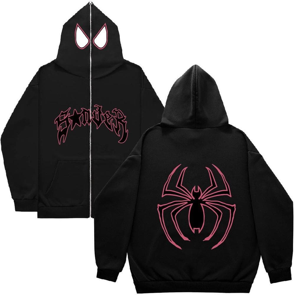 Y2k Women Spider Print Hoodies Women Hip Hop Zipper Long Sleeve Jacket Coats Autumn Winter Harajuku Casual Loose Hooded Sweatshirt S