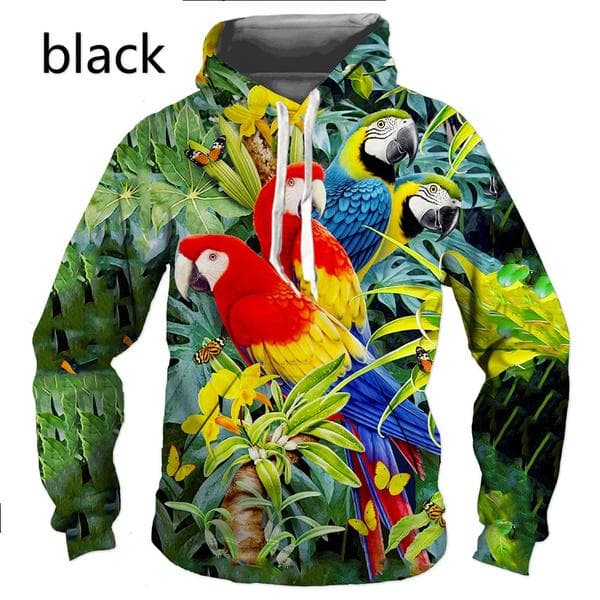 New Funny Colorful Parrot Cool Birds 3D Print Hoodie/Sweatshirt Unisex Hipster Long Sleeves Pullovers Hooded Tops M