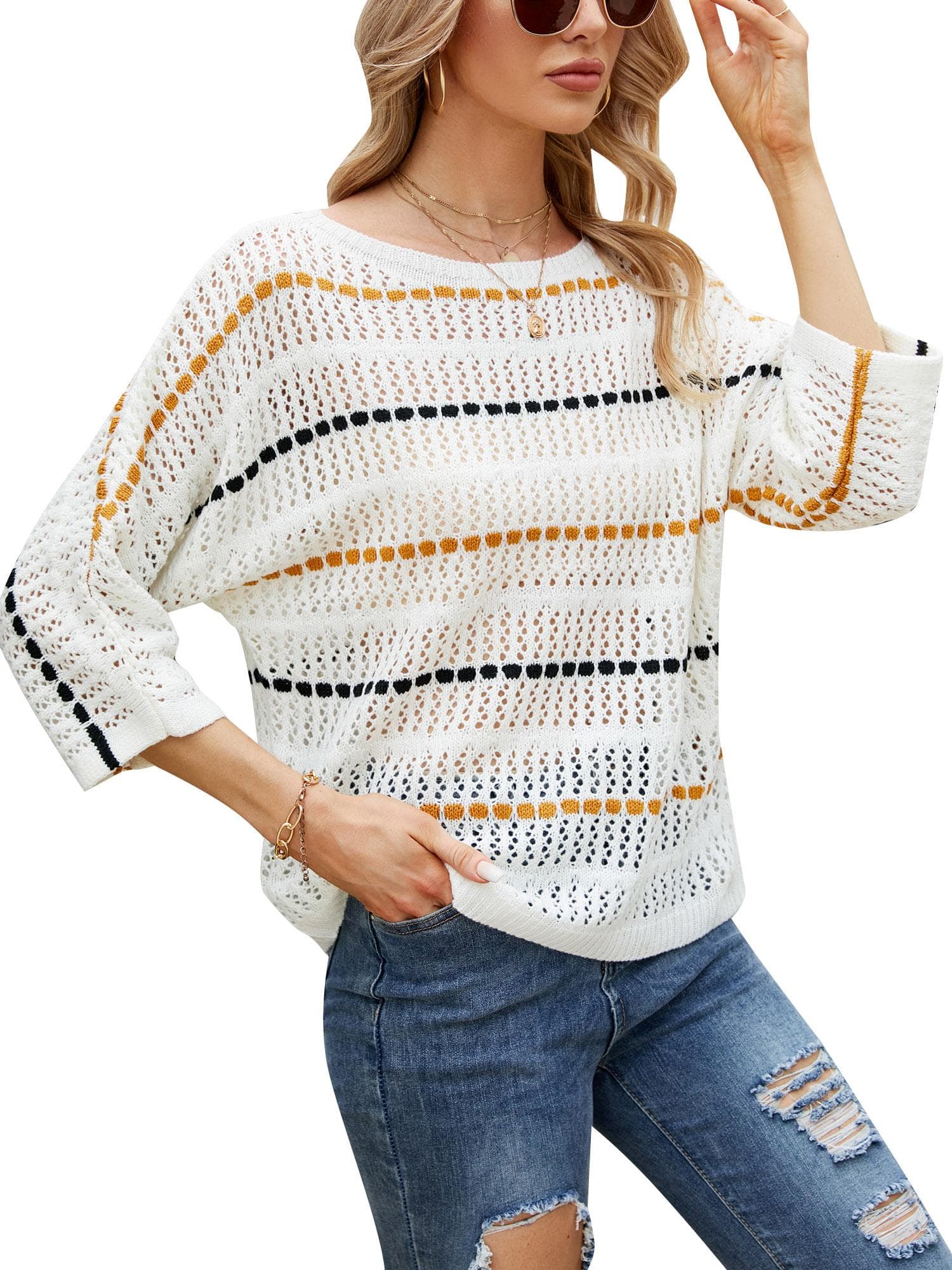 Women Knitted Pullovers Striped Hollow out 3/4 Sleeve Boho Casual Knitted Sweaters XL white