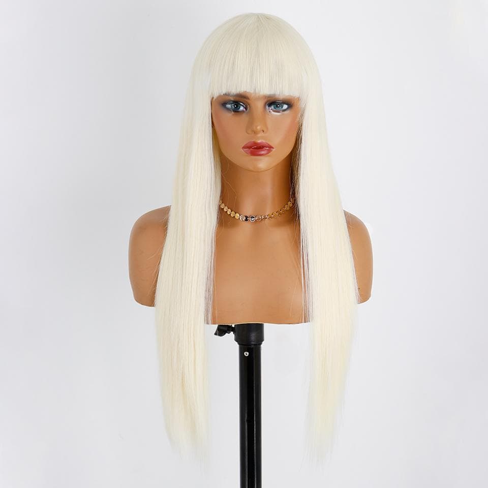 MISS WIG Women Fashion Long Straight Light Blonde Color Wig with Blunt Bangs Synthetic Fiber Daily Wear Long Straight Wig 60 cm