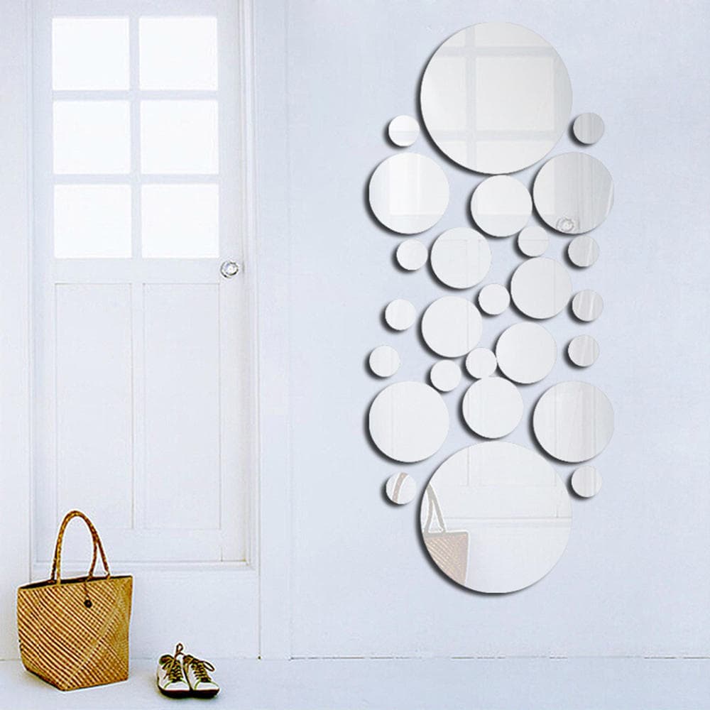 26pcs/set Acrylic Polka Dot Wall Mirror Stickers Room Bedroom Kitchen Bathroom Stick silver