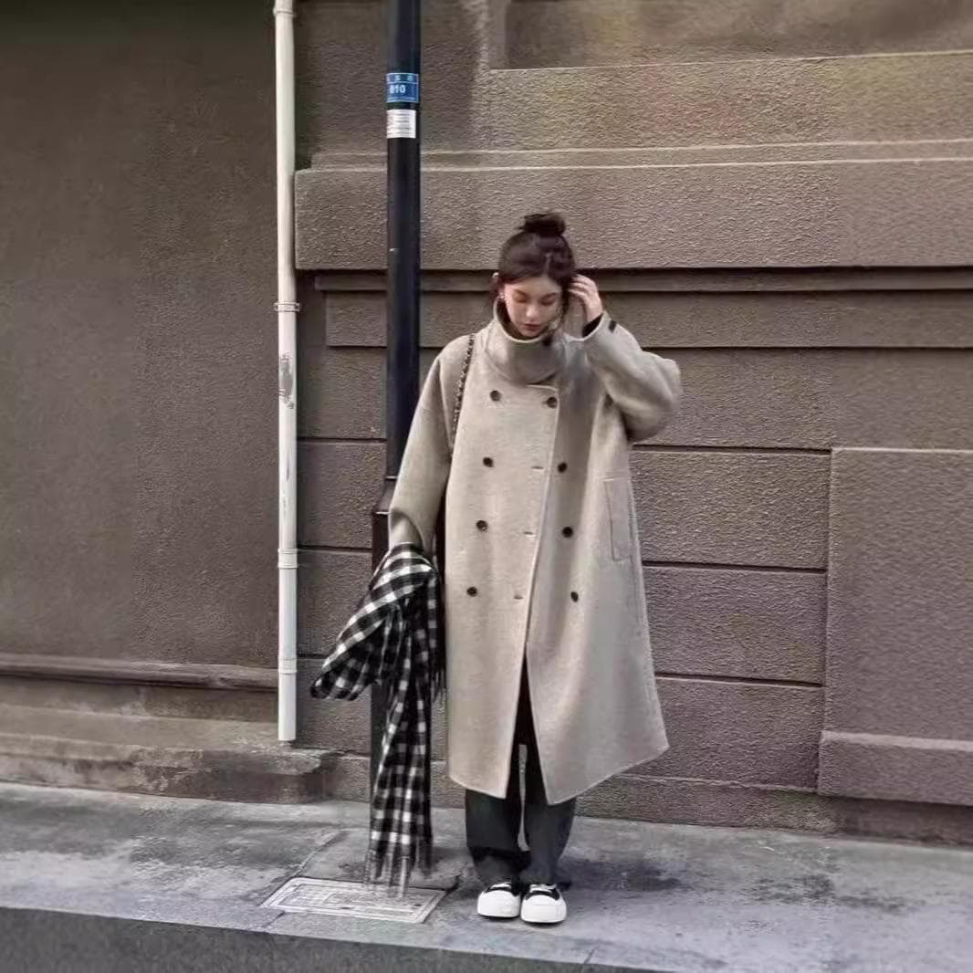 Stand-up Collar Wool Coat Women's New Double-breasted Midi Coat for Autumn and Winter M