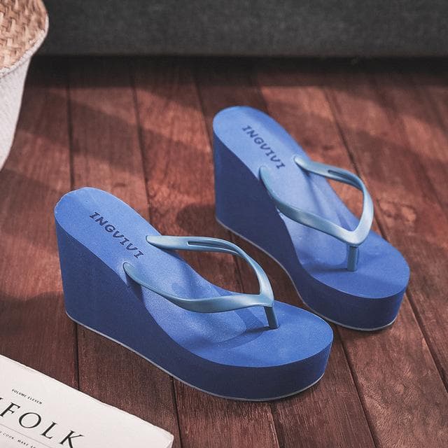 Summer Women's Shoes Beach Flip-flops Platform Sandals High-heeled Sandals Solid Color Skateboard Slippers Women Heels 36 royal blue